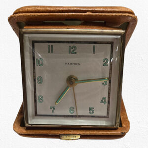 50s Vintage Hampden Travel Alarm Clock Wind-Up Mid-Century Leather Folding Case